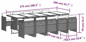 11 pcs conjunto jantar p/ jardim c/ almofadões vime PE cinzento