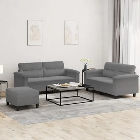 vidaXL 3 pcs conj. sofás c/ almofadões tecido microfibra cinza-escuro