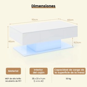Mesa de centro LED moderna de 2 níveis com 20 luzes LED coloridas 2 gavetas para arrumação retangular 110 x 60 x 40 cm Branca