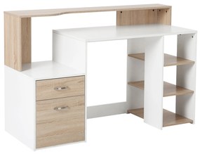 HOMCOM Secretária para Escritório com 2 Gavetas 3 Prateleiras Suporte para Impressora para Estúdio Branco e Carvalho 137x55x92 cm | Aosom Portugal