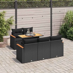 6 pcs conjunto sofás jardim c/ almofadões vime PE/acácia preto