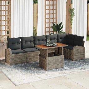 vidaXL Conjunto de Jantar de Jardim de 7 Peças com Almofadas Cinza em Rattan de Polietileno e Acácia