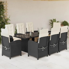9 pcs conjunto de jantar p/ jardim c/ almofadões vime PE preto