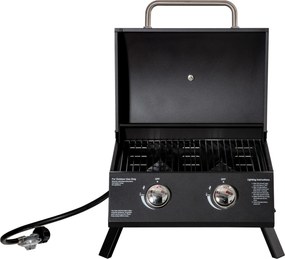 Grelhador a gás de mesa portátil com pés dobráveis - 2 queimadores de 5 kW - Churrasqueira a gás para campismo - Grelha de cozedura, tabuleiro para go