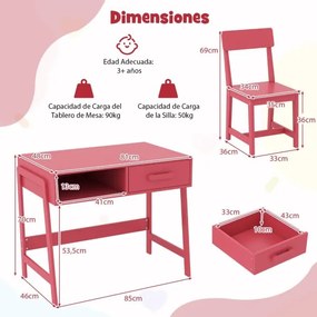 Conjunto de secretária e cadeira para crianças com gaveta e estante Rosa