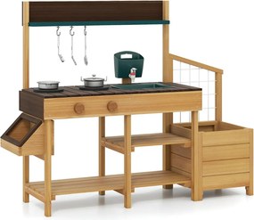 Cozinha Brincar para crianças ao ar livre para crianças de madeira com jardineira Pia removível Torneira Tachos Depósito de água Castanha