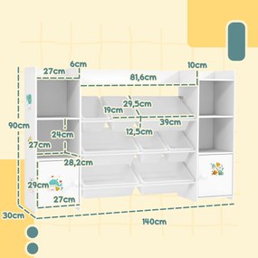 Móvel de arrumação infantil 140 x 30 x 90 cm, estante para brinquedos com 8 caixas removíveis, branco
