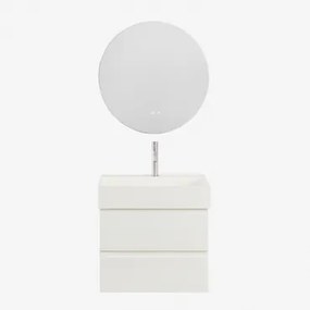 Conjunto De Móvel De Casa De Banho Em Madeira E Chapa De Freixo Com Lavatório Integrado Ona Branco & Redondo Led E Anti-embaciamento Ø70 - Sklum
