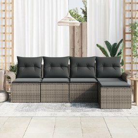 Conjunto de Sofá de Jardim de 5 Peças com Almofadas Cinza em Rattan Po