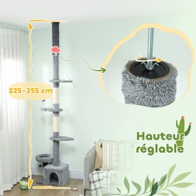 Arranhador para gatos do chão ao teto, torre para gatos com altura ajustável entre 225 e 255 cm e vários níveis, revestimento em pelúcia, cinzenta