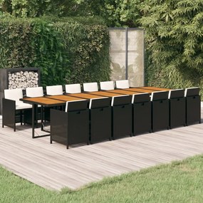 vidaXL 15 pcs conjunto de jantar p/jardim com almofadões vime PE preto