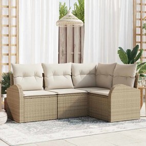 vidaXL Conjunto de Sofá de Jardim de 4 Peças com Almofadas Bege em Rattan Polipropileno