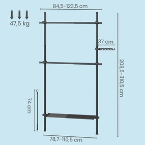 Guarda-roupa aberto com 2 varões e 1 prateleira com 3 níveis 33,5 x (84-123) x (220-300) cm , ajustável em altura e largura Preto