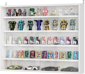 Vitrine de parede para objetos de coleção 80 x 9,5 x 60 cm,, com 4 prateleiras ajustáveis em altura e 2 portas de correr, branca