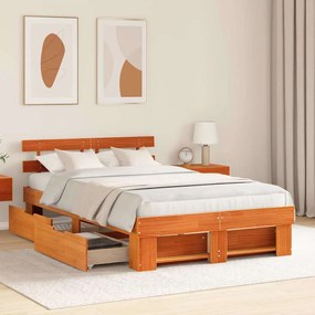 Cama com Gavetas - Cor Cera Marrom - 140 x 190 cm - Madeira de Pinheir