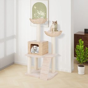 Arranhador para gatos 122 CM de 4 camadas com postes de arranhar de sisal Cesto Cama Escada Almofadas Bege