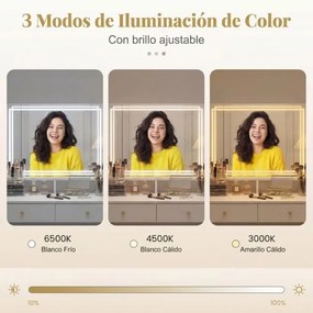 Espelho de maquilhagem com luz, 80 x 60 cm com 3 modos de iluminação regulável e controlo tátil inteligente Branco