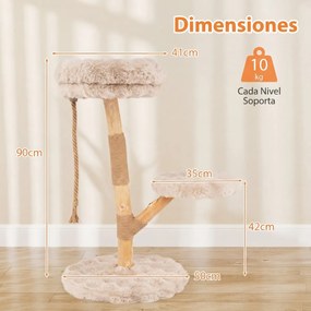 Arranhador para gatos 50 x 90 cm com plataforma central de atividades em madeira maciça, com postes para arranhar em juta natural, natural e bege