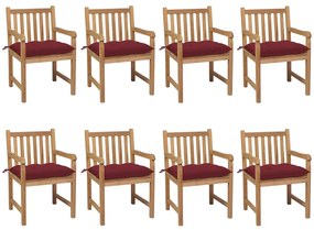 vidaXL Cadeiras de jardim almofadões vermelho tinto 8 pcs teca maciça
