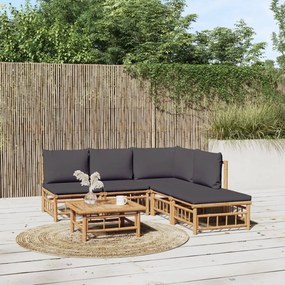 6 pcs conjunto lounge jardim bambu c/ almofadões cinza-escuro
