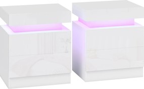 HOMCOM Conjunto 2 Mesas de Cabeceira LED a 16 Cores e 4 Modos com 2 Gavetas, em Madeira, 45x35x52 cm, Branco Brilhante | Aosom Portugal