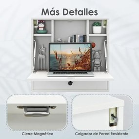 Secretária dobrável de parede com prateleira 60 cm x 15 cm x 57 cm, gaveta e tampo rebatível multiusos para escritório, quarto ou sala Branco