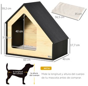 Casa de Madeira para Cães Casa para Cães para Uso Interior com Almofada Removível Lavável e 3 Ventilações 60x40x59,2cm Preto e Madeira Natural