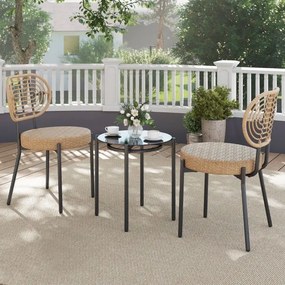 Conjunto jardim PE e Rattan 3 Peças com Mesa de Café em Vidro Temperado e 2 cadeiras para Varanda, Terraço e Pátio Caqui