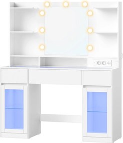 Toucador com espelho 107 x 40 x 144,5 cm (CADEIRA NÃO INCLUIDA), iluminação RGB, tomada e 2 armários Branco