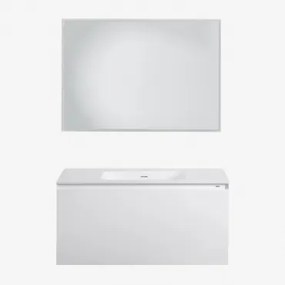 Conjunto De Móveis De Banheiro Em Madeira Macrae Com Pia Integrada Branco & Led Retangular E Anti-embaciamento 100x70 Cm Riben & Sem Torneira - Sklum