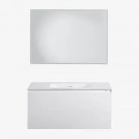 Conjunto De Móvel De Casa De Banho Suspenso Em Madeira Com Lavatório Integrado Macrae Branco & Led Retangular E Anti-embaciamento 100x70 Cm Riben & Se