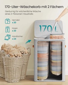 Cesto para roupa suja 170 L com 2 compartimentos 56 x 40 x 75 cm Cinzento