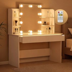 Toucador de maquilhagem Lucia 140x110x40cm com Luzes LED + banco com rodas Branco