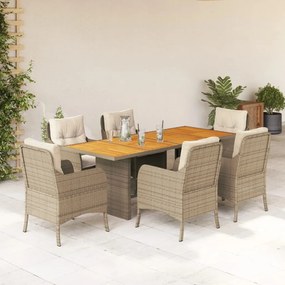 vidaXL 7 pcs conjunto de jantar p/ jardim com almofadões vime PE bege