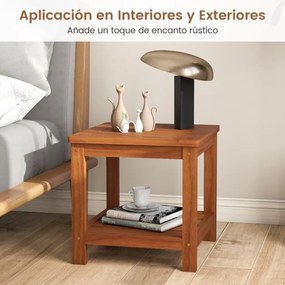 Mesa apoio jardim de 2 níveis em madeira maciça 45 x 45 x 44 cm, com prateleira de arrumação, pequena e quadrada, para pátio, jardim ou terraço Natura