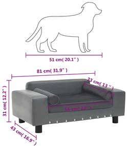 Sofá para cães 81x43x31 cm pelúcia e couro artificial cinzento
