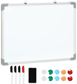 HOMCOM Quadro Magnético com Estrutura de Liga de Alumínio 60x45cm Quadro Magnético com Apagador 4 Marcadores e 10 Ímás Branco