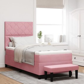 Cama Box Spring Rosa com Colchão e Banco 90x190 cm Veludo