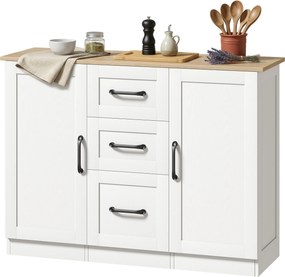 Aparador de sala 110 x 35 x 80,4 cm, móvel de arrumação com 2 portas com fecho suave e 3 gavetas, , branco e madeira natural
