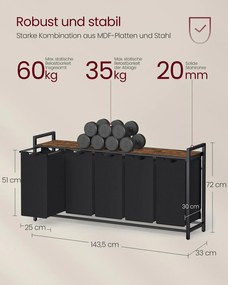 Cesto para roupa suja 143,5 x 33 x 72 cm com prateleira em tecido Oxford preto-castanho