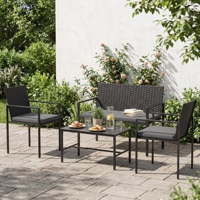 Conjunto de jardim de 4 peças em rattan para exterior: cadeiras, sofá, mesa de centro em vidro temperado e almofadas macias; ideal para jardim, alpend