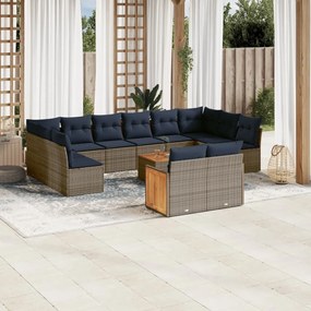 vidaXL 13 pcs conjunto sofás p/ jardim c/ almofadões vime PE cinzento