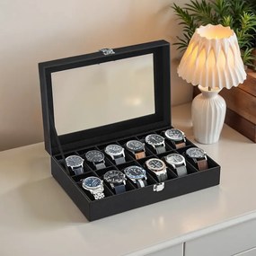 Caixa para relógios com 12 compartimentos com tampa de vidro 20,2 x 30,2 x 7,8 cm revestimento em PU preto, forro em veludo preto