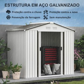 Abrigo de Jardim 213x130x185cm Abrigo de Jardim Metálico de Exterior com 2 Portas Deslizantes e 4 Janelas Branco e Cinza