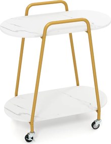 Mesa apoio com rodas 60 x 33,5 x 68,5 cm, 2 prateleiras, tampo em imitação de mármore, rodas com travão, Estrutura metálica, para quarto, cozinha ou s