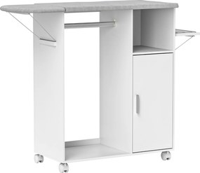 HOMCOM Móvel de Engomar de Madeira com Rodas Barra para Pendurar Roupa Prateleira Aberta e Tábua Dobrável 107x42,5x99 cm Branco | Aosom Portugal