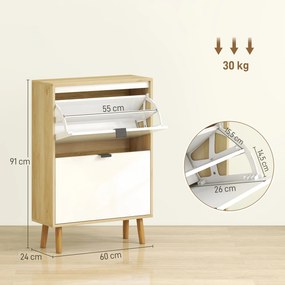 Sapateira Estreita com 2 Portas em Branco Brilhante e Estantes Ajustáveis Pés de Madeira para 12 Pares de Sapatos 60x24x91 cm