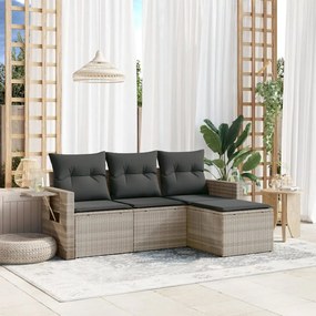 4 pcs conj. sofás jardim c/ almofadões vime PE cinzento-claro
