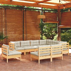 vidaXL 9 pcs conjunto lounge jardim c/ almofadões creme pinho maciço