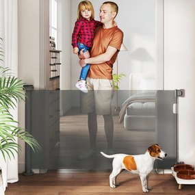Barreira de Segurança para Cães Retrátil 0-136 cm para Cães Pequenos com Botão de Fecho Cinzento